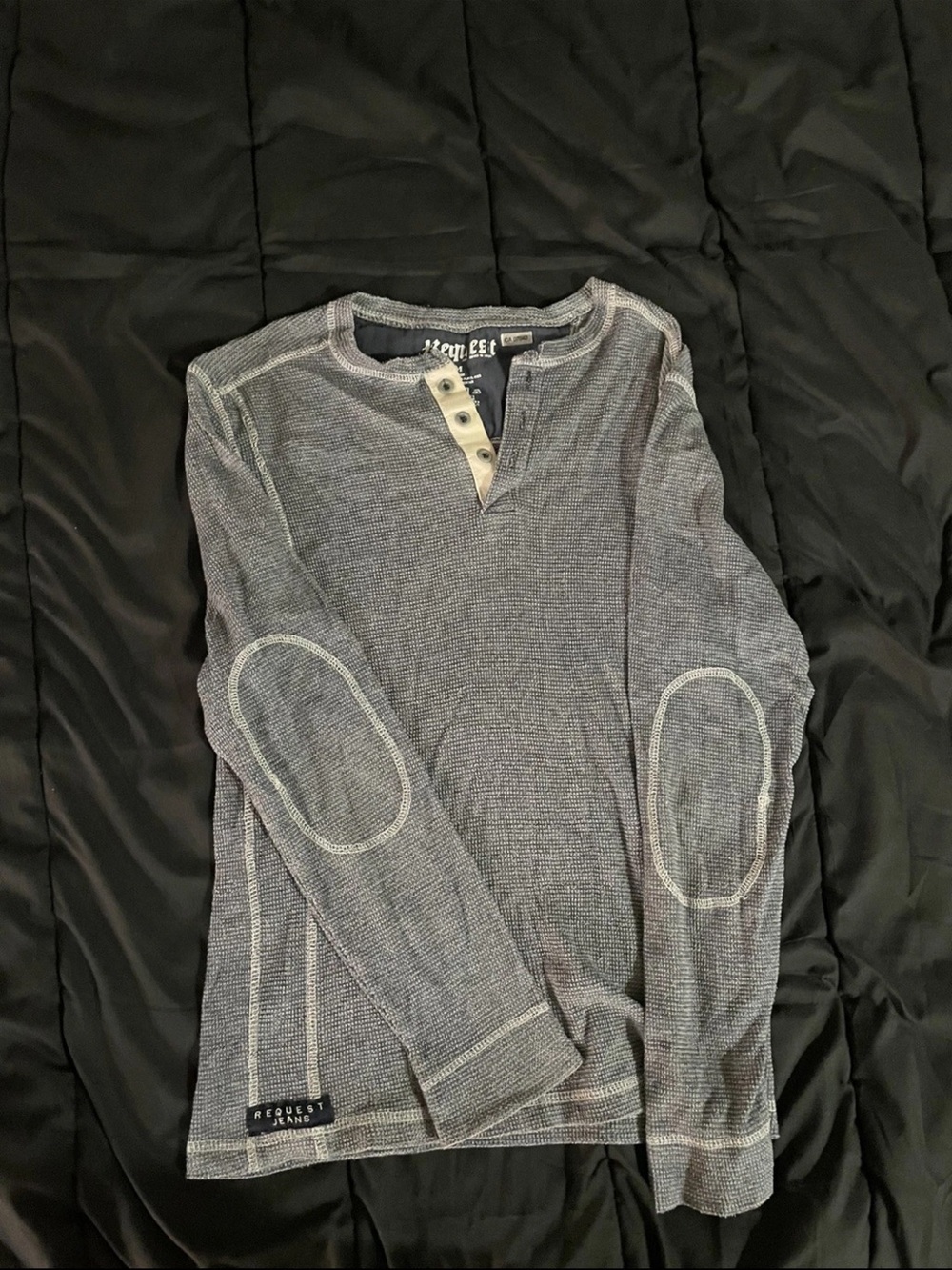 VTG Request Jeans Mens M Waffle Knit Thermal Henley Shirt Elbow Patches Gray